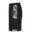 Thumbnail Side view of black shorts with khaki camo panel and cargo pocket.